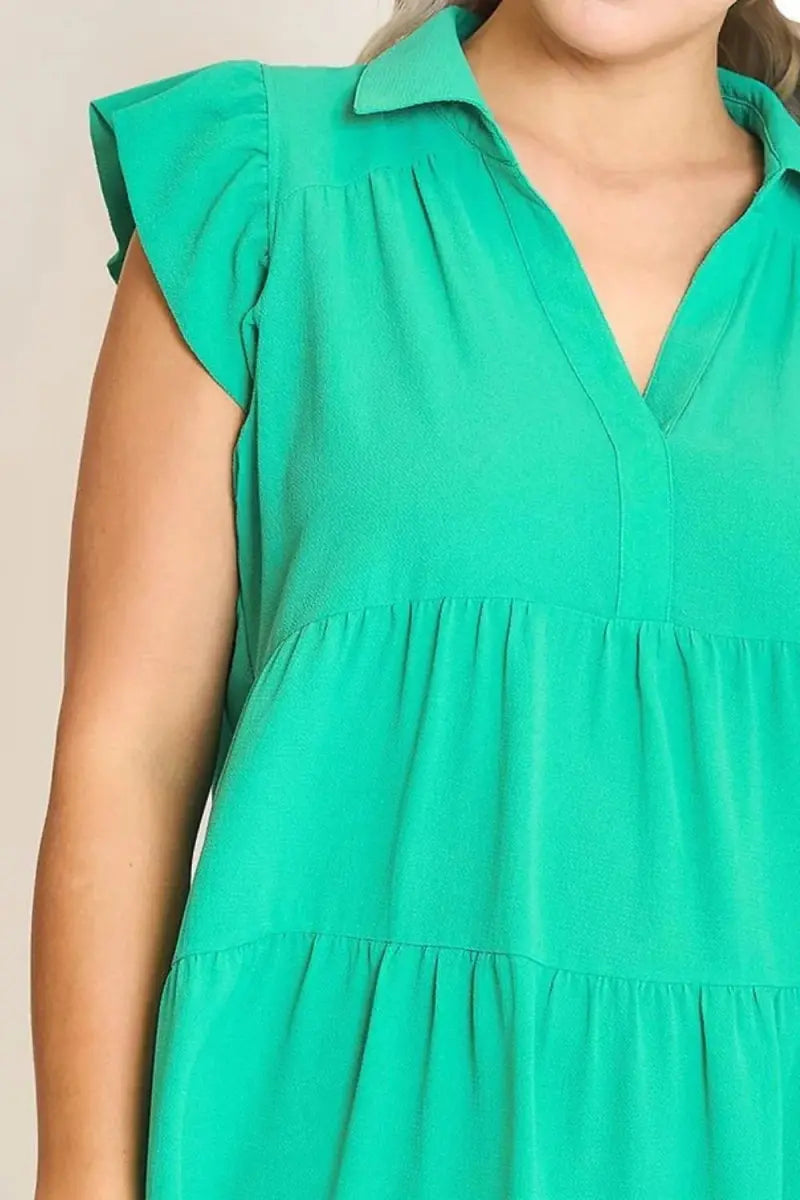 Umgee Full Size Johnny Collar Ruffle Cap Sleeve Dress Plus Size - Love Salve